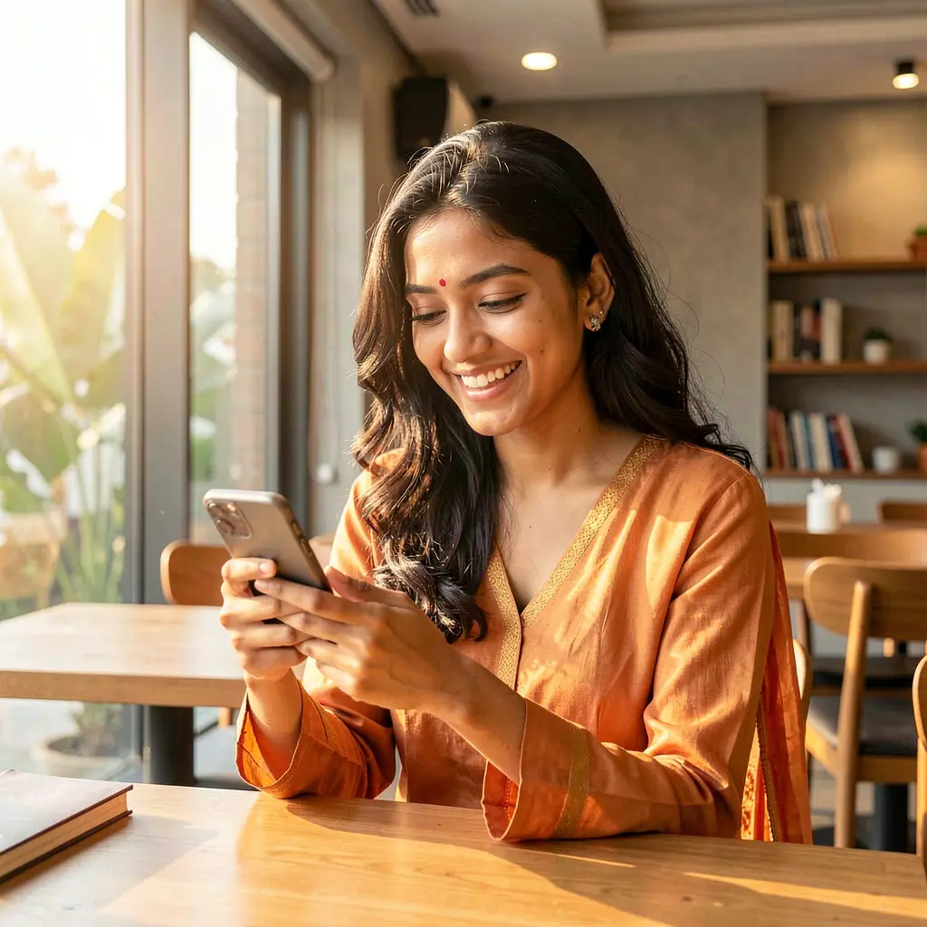 Stylish Bangladeshi woman smiling while using the 777KK mobile casino app on her smartphone in a comfortable indoor setting