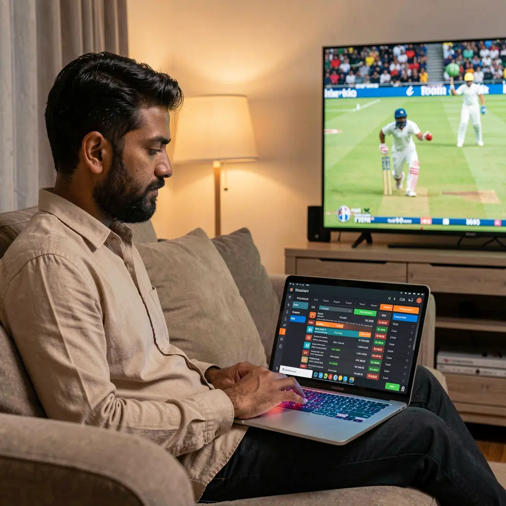 Focused Bangladeshi player using the 777KK sports betting platform on a laptop while watching an intense live cricket match on TV