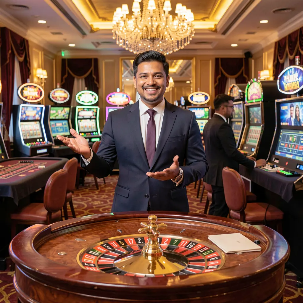 Elegant live casino dealer standing at a roulette table in a luxurious studio atmosphere highlighting the high quality live gaming experience available at 777KK for players in Bangladesh