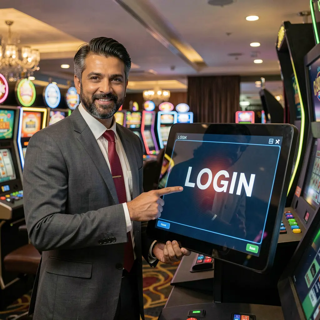 Stylish Bangladeshi casino representative pointing at a bright login screen inside a premium modern casino showcasing 777KK