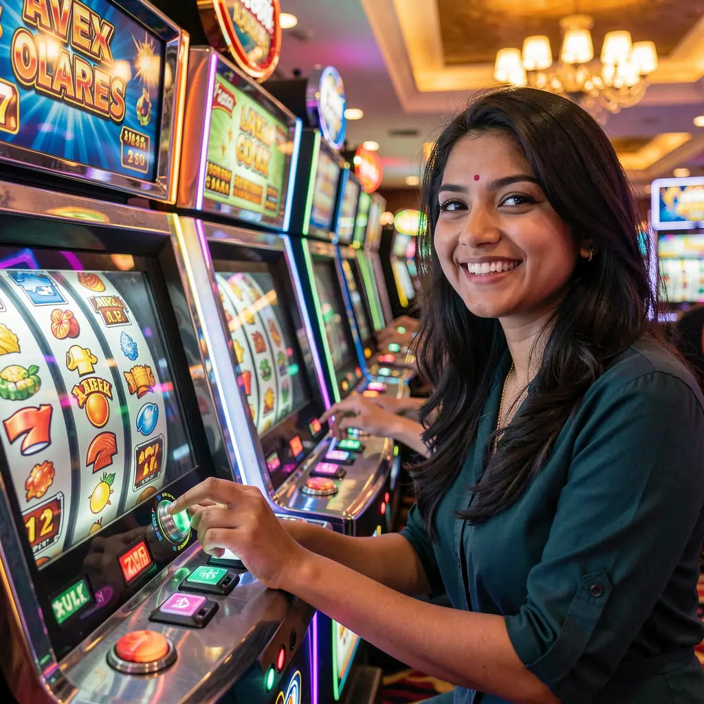 Smiling Bangladeshi player enjoying colorful slot reels and bright casino lights while playing online slots at 777KK